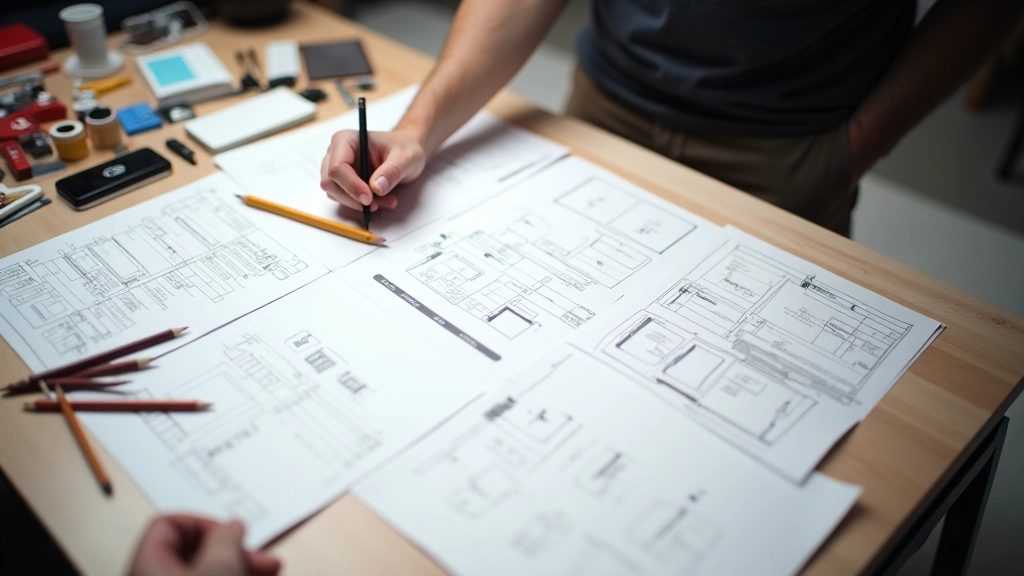 Design studio table with multiple prototype sketches, design tools, and iteration examples