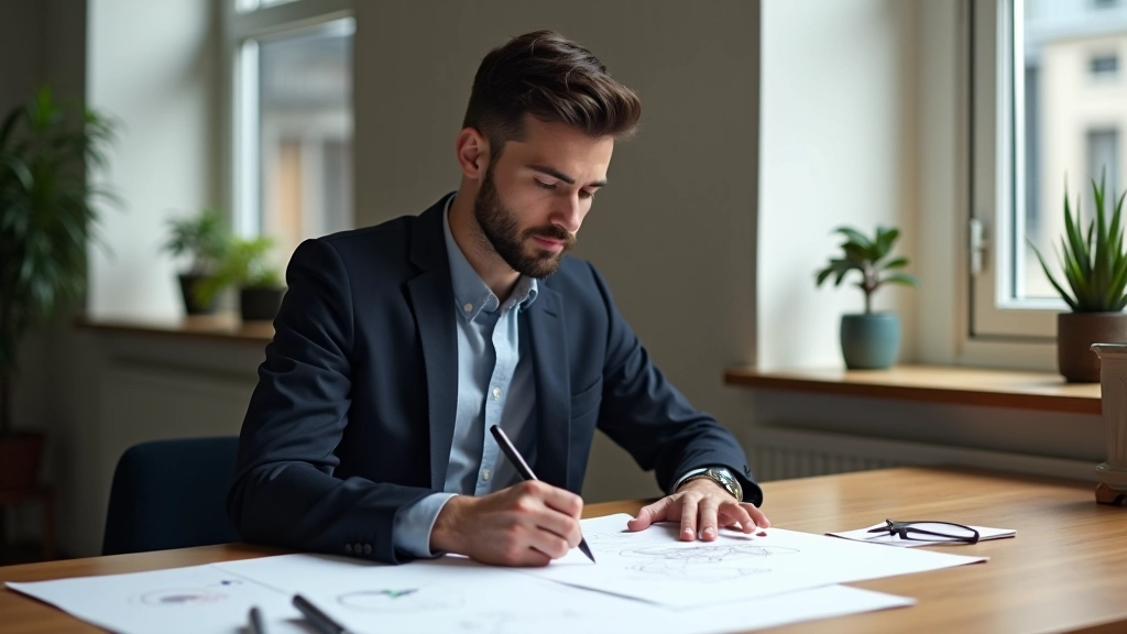 Designer working at desk with paper sketches, wireframe templates, and color swatches visible, bright natural light from window
