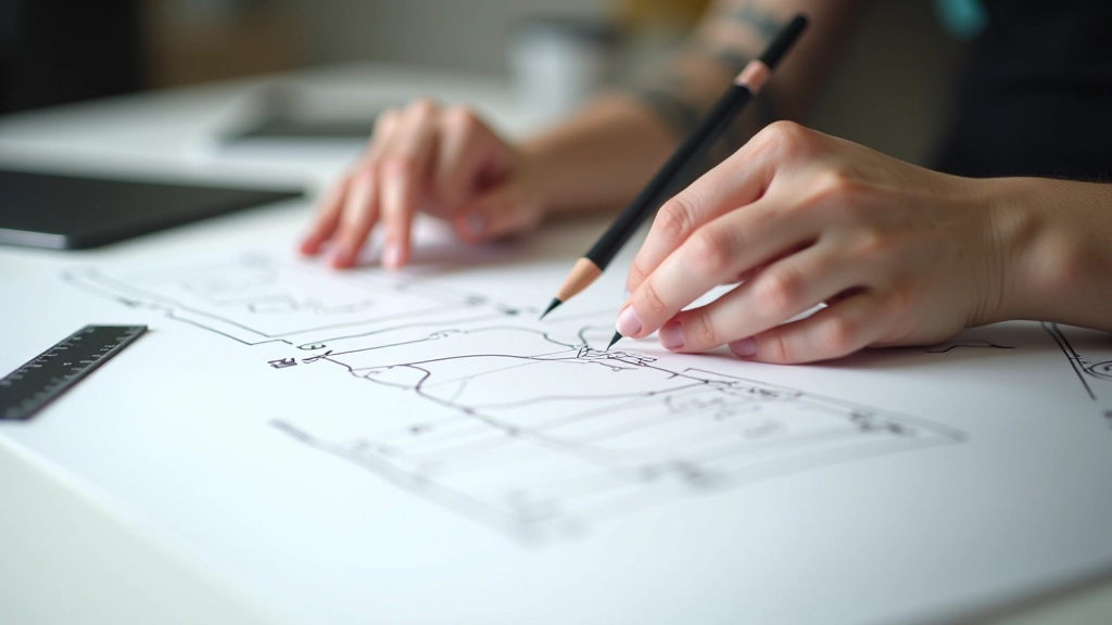 Designer's hand sketching wireframe layouts on paper with pencil and ruler on light background