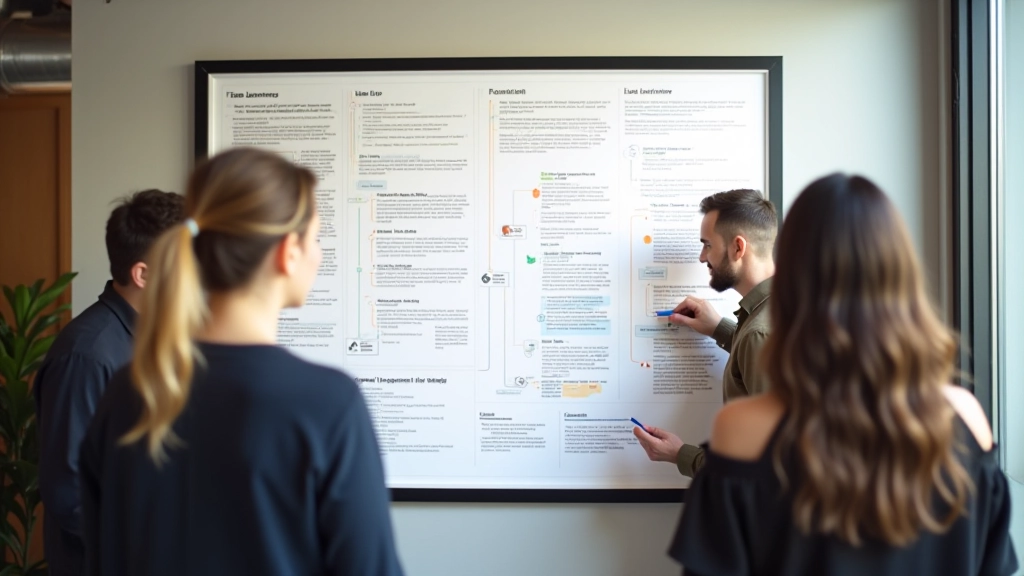 Large printed user journey map with colored sections showing customer experience stages